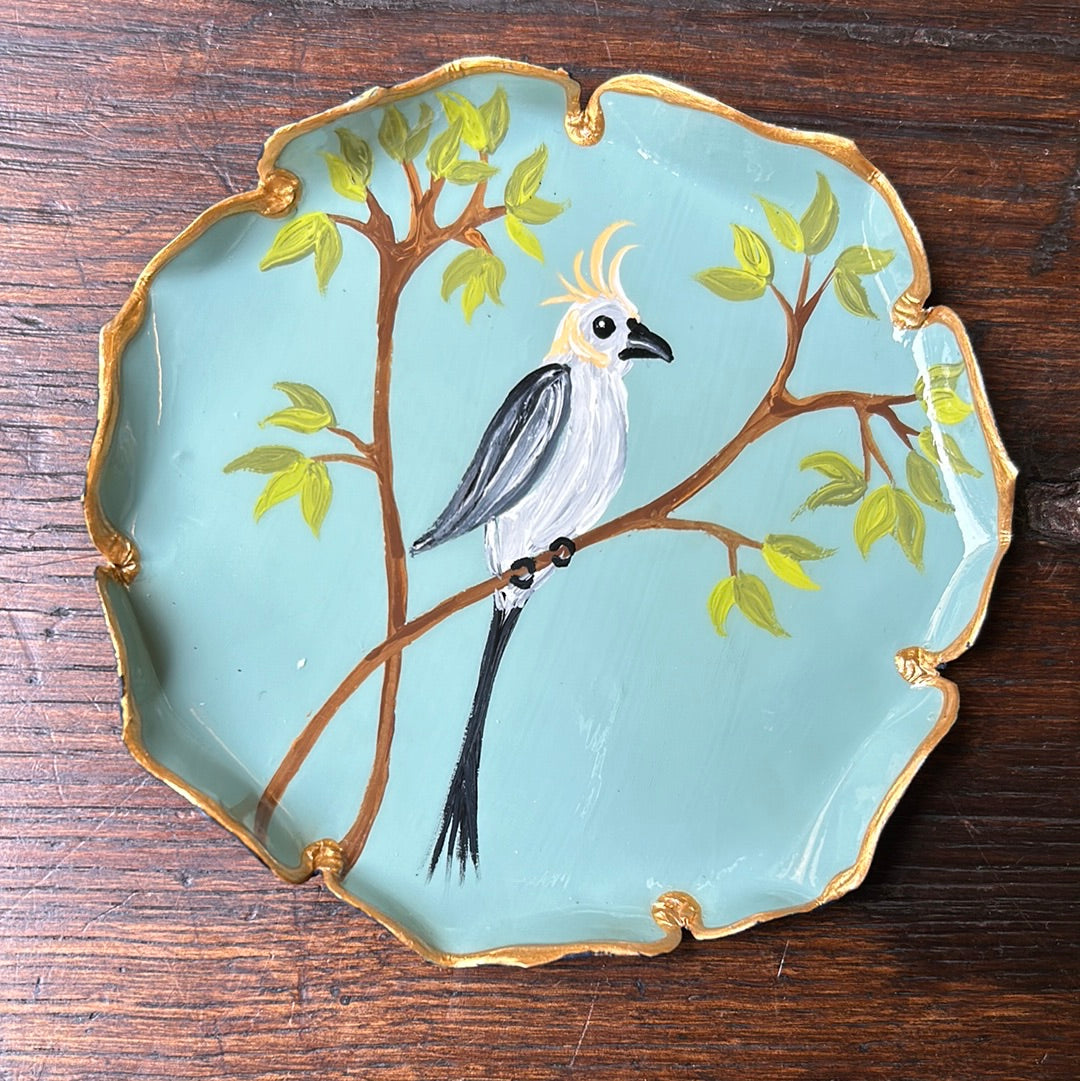 Piattino pane fondo turchese pappagallo cresta gialla