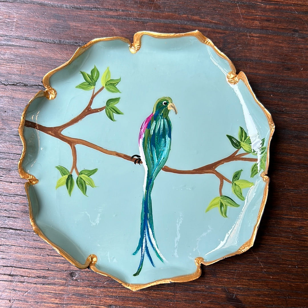 Piattino pane fondo turchese uccello blu e verde