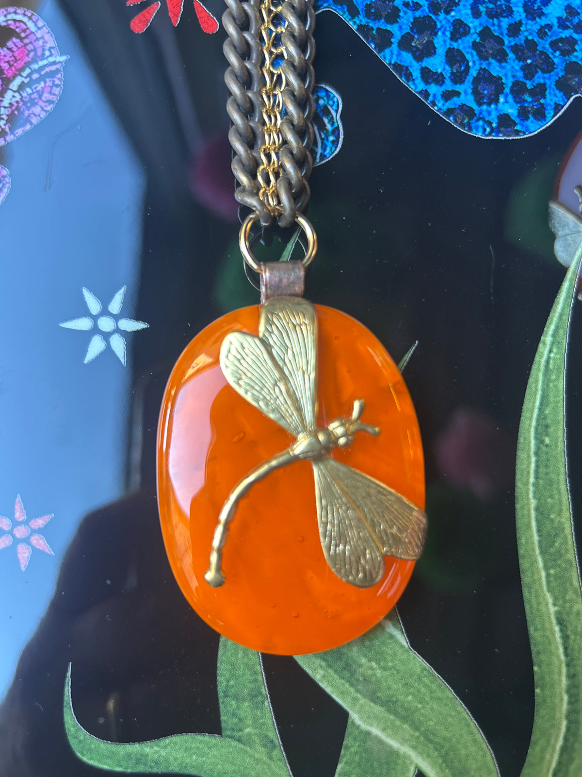 Collana in vetrofuso Daniela Poletti con libellula Marble Orange