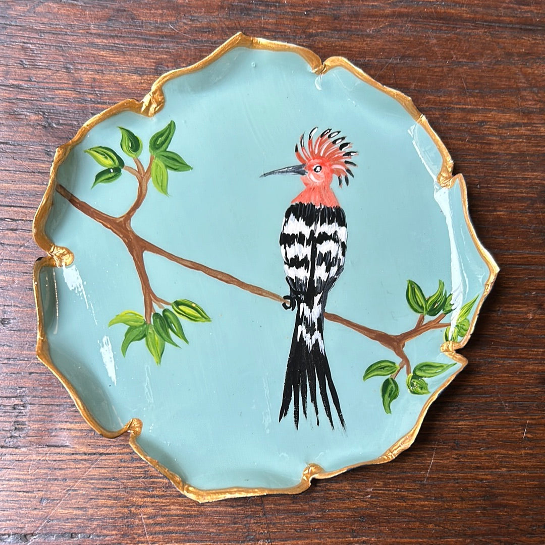 Piattino pane upupa su fondo turchese