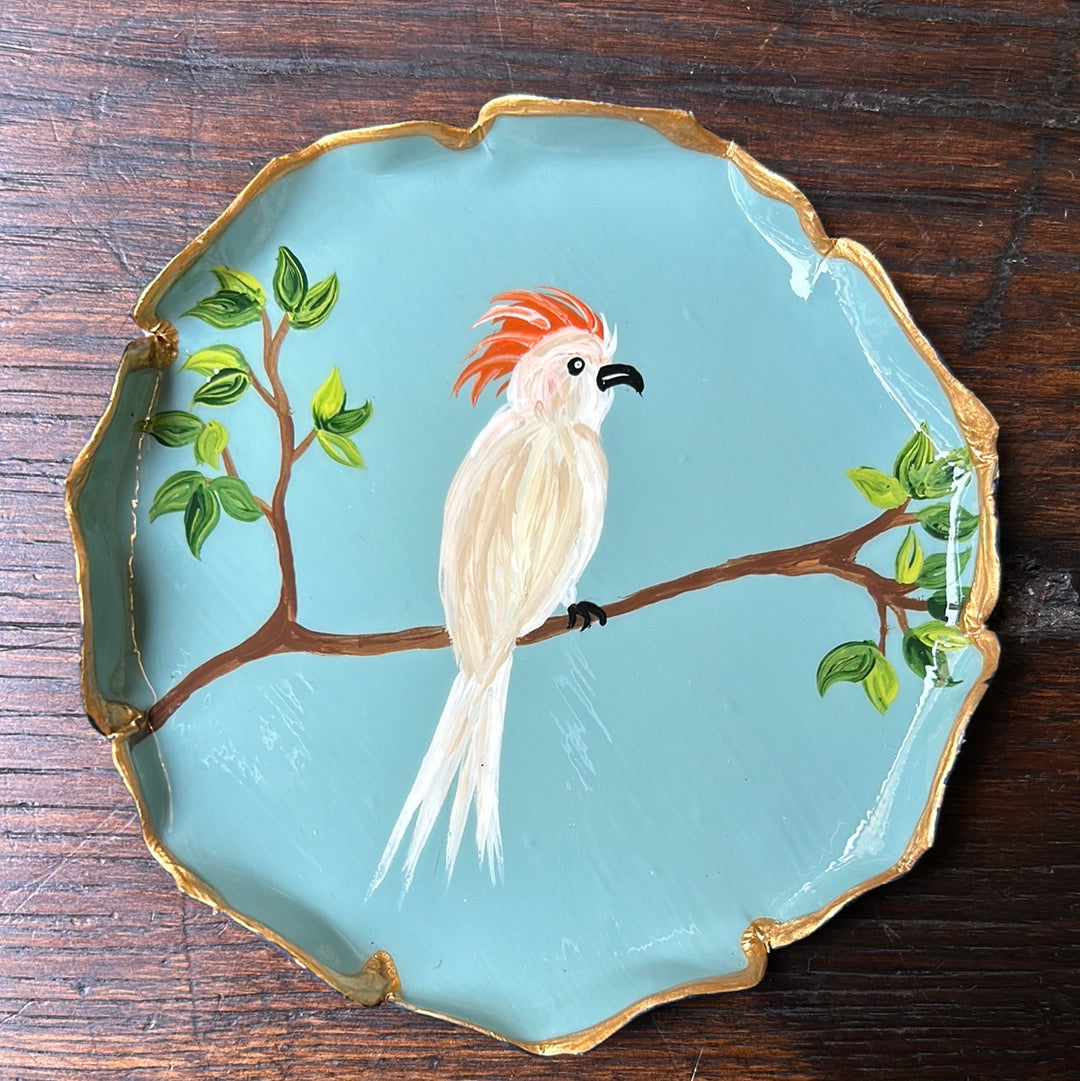 Piattino pane fondo turchese pappagallo cresta arancione