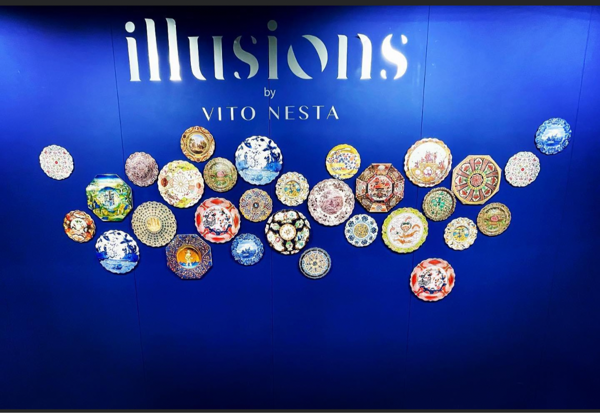 Brown and blue Chinese fruit charger or plate Vito Nesta Illusions