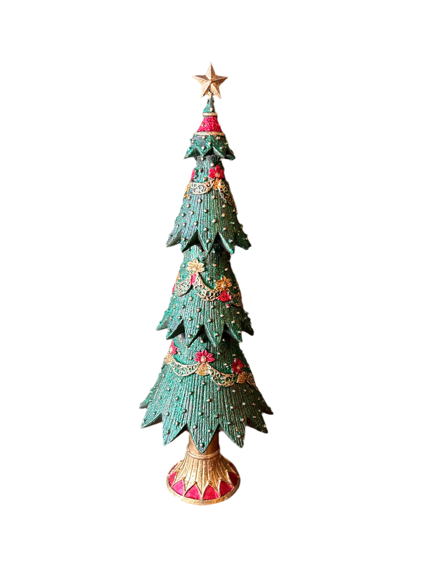 Albero di Natale grande in resina verde stella e festoni