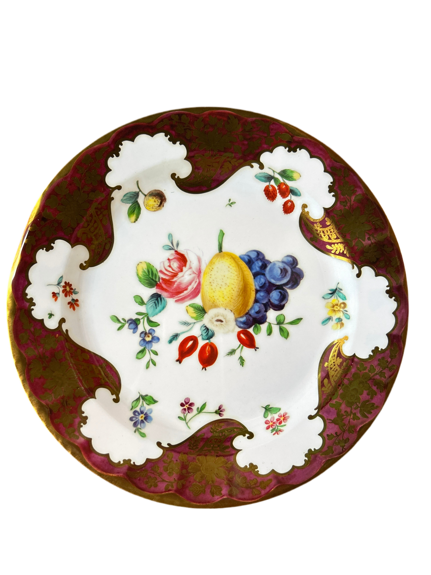 Piatto in latta riproduzione Worcester porcelain frutta bordeaux oro