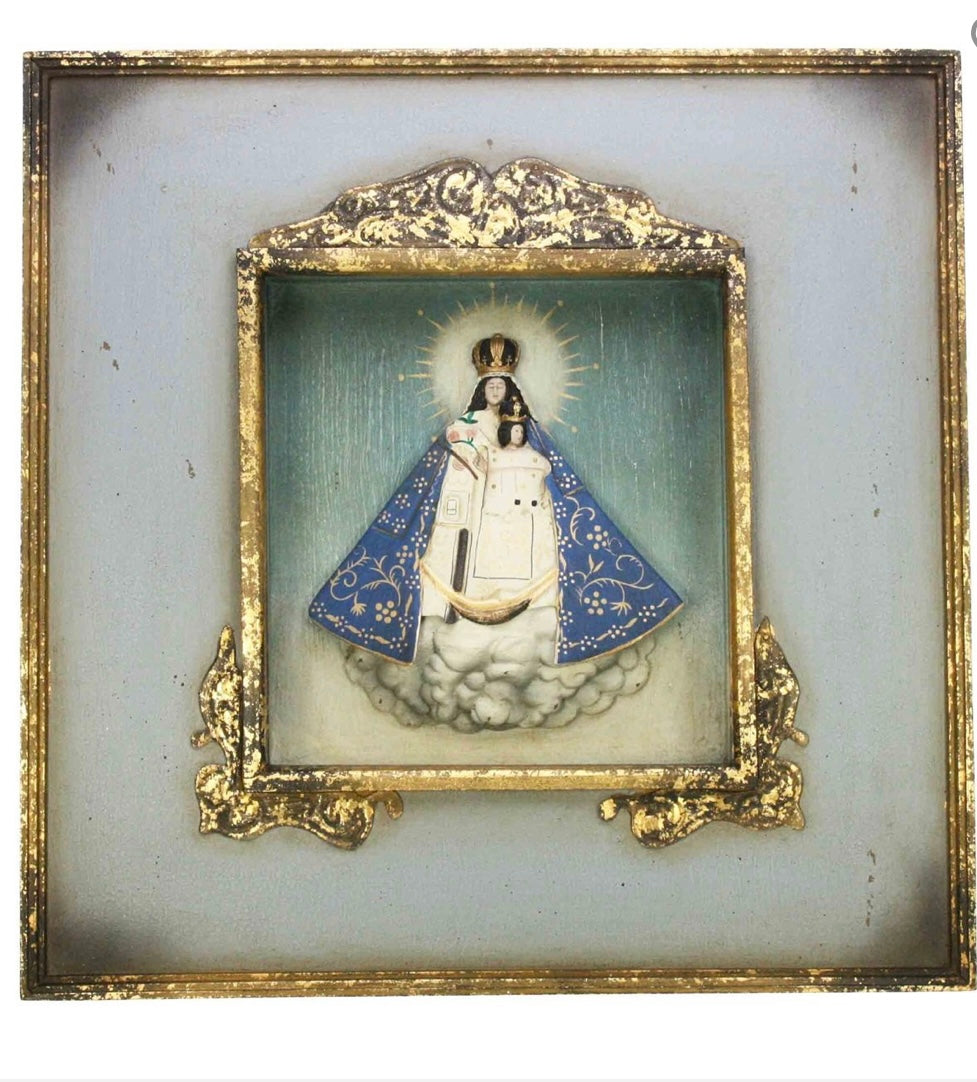 Madonna da appendere su nuvola azzurra legno e metallo