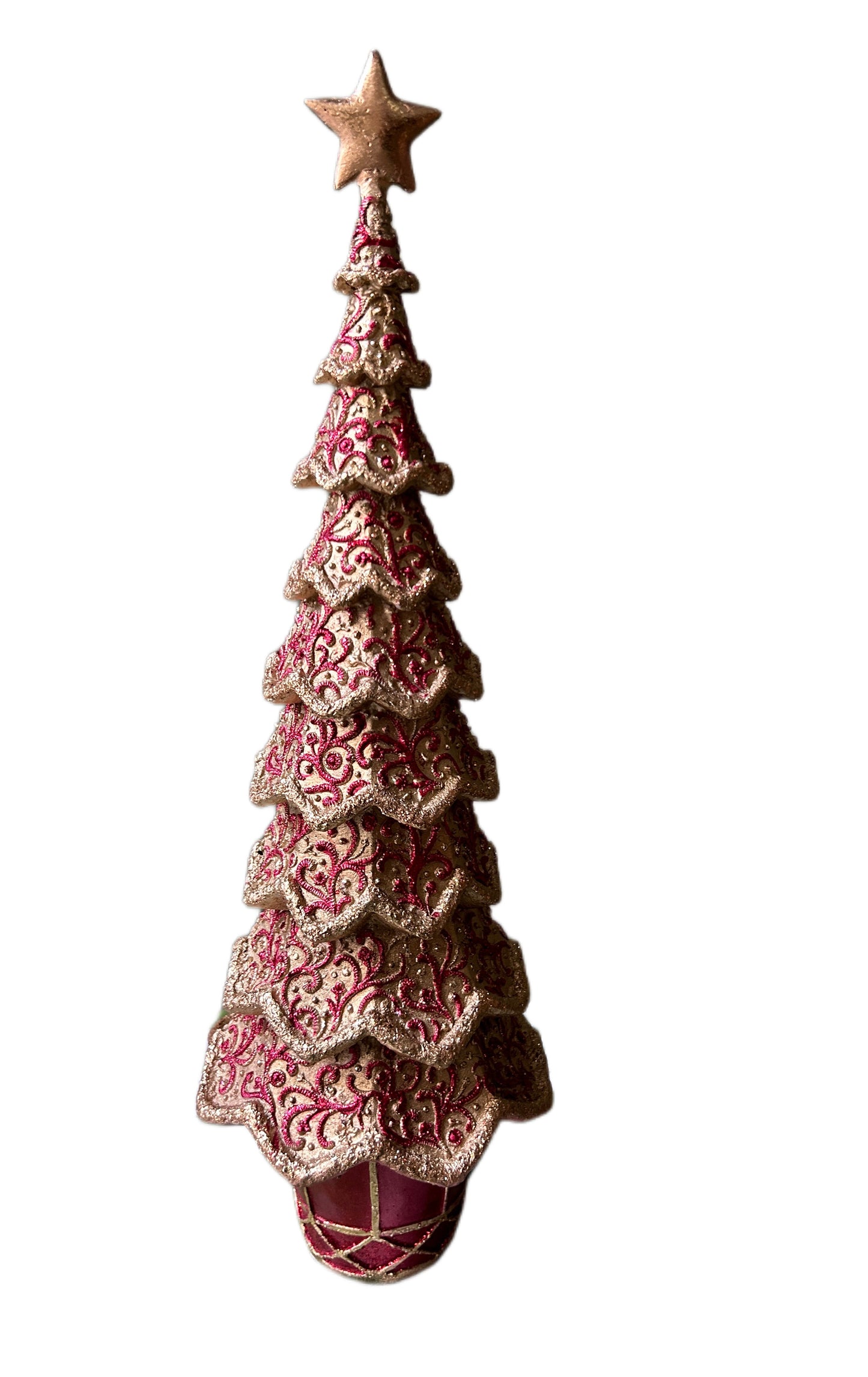 Grand sapin de Noël en pot doré avec broderie rouge