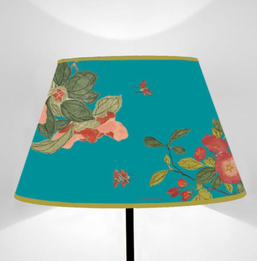 Paralume tronco di cono fiori su blu pavone cm 40