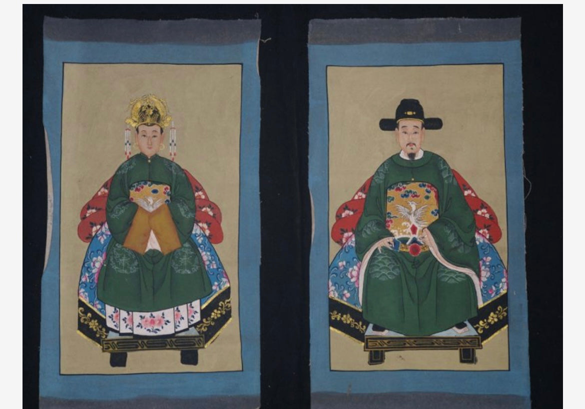 PICCOLA COPPIA DI DIGNITARI CINESI - DIPINTO - VERDE IMPERIALE