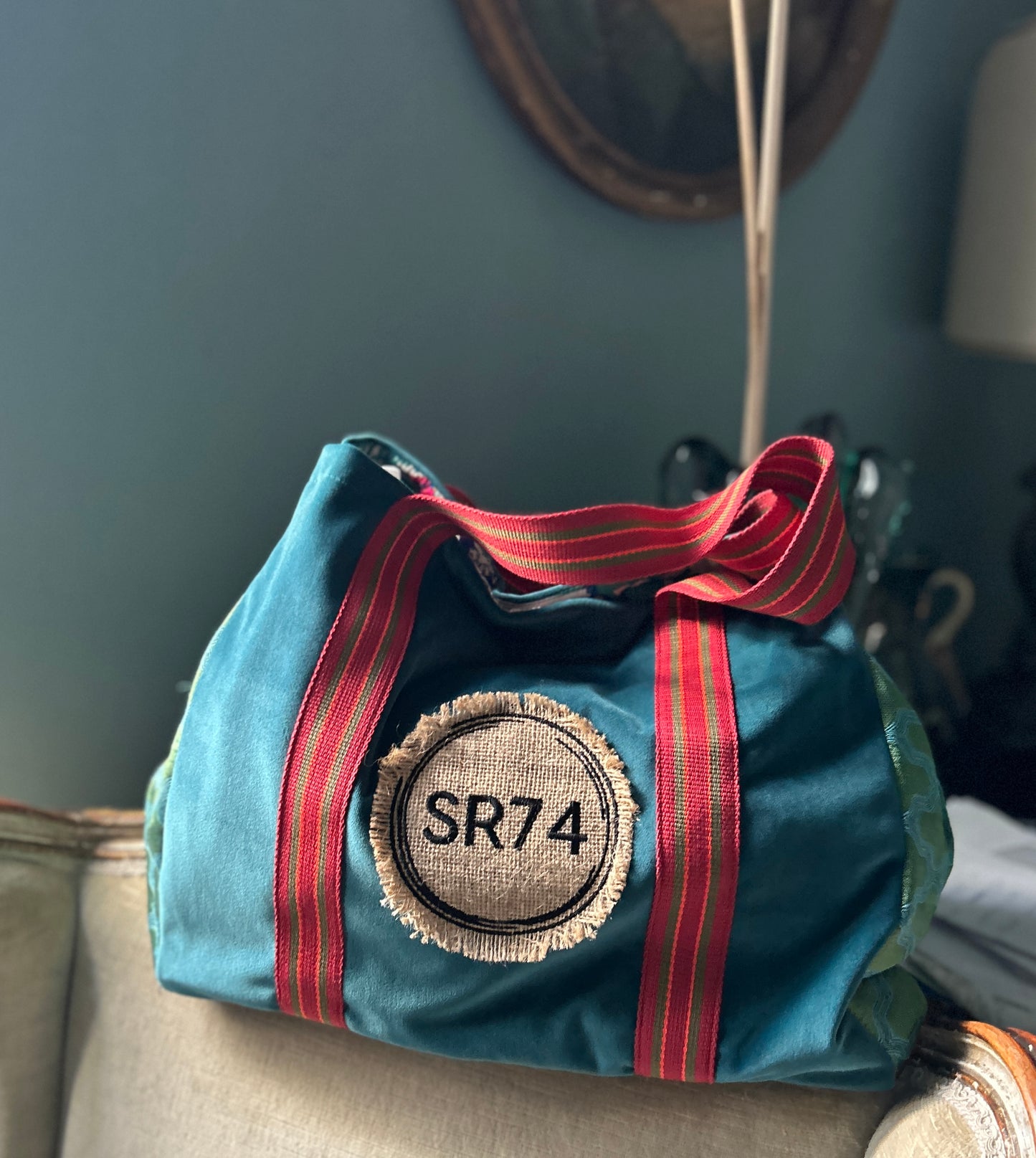 Grand sac cabas en velours turquoise