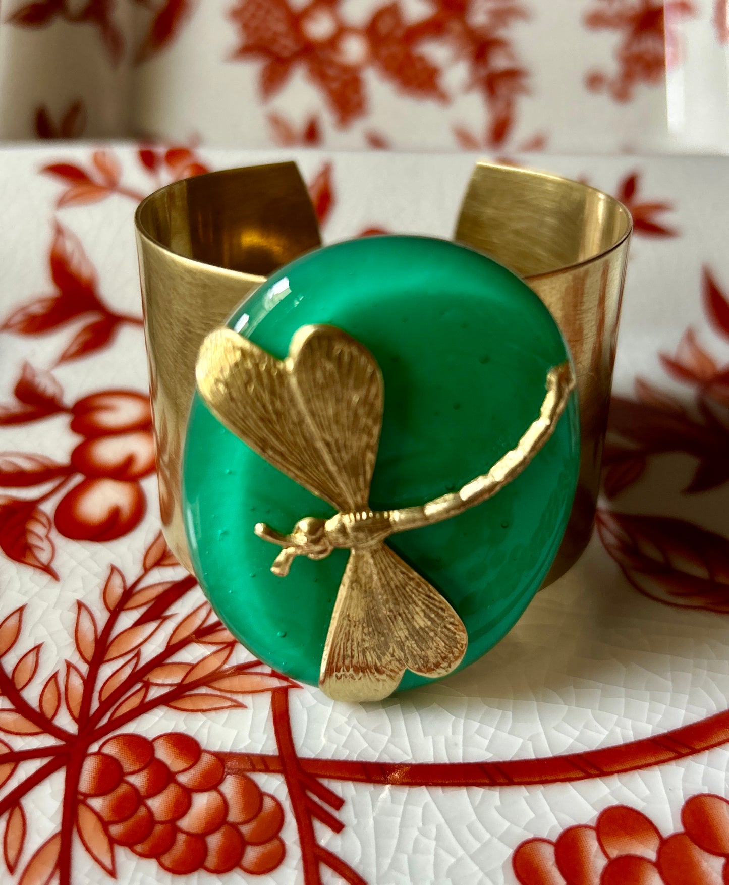 Bracciale con ottone e placca in Vetro di murano libellula smeraldo Vetrofuso