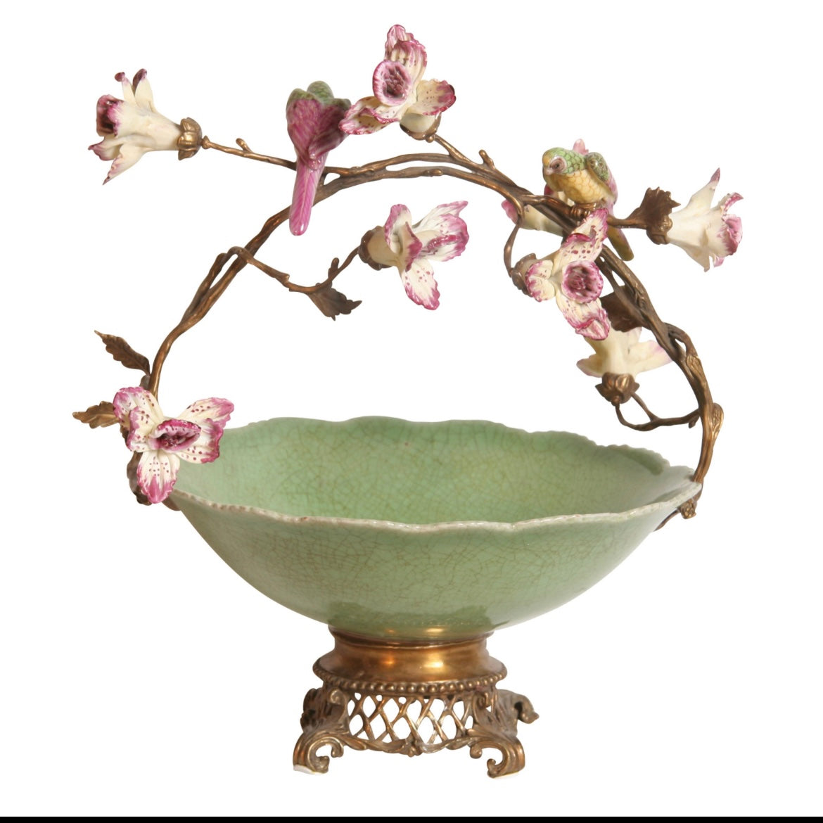 Centrotavola con fiori e uccellini porcellana e bronzo