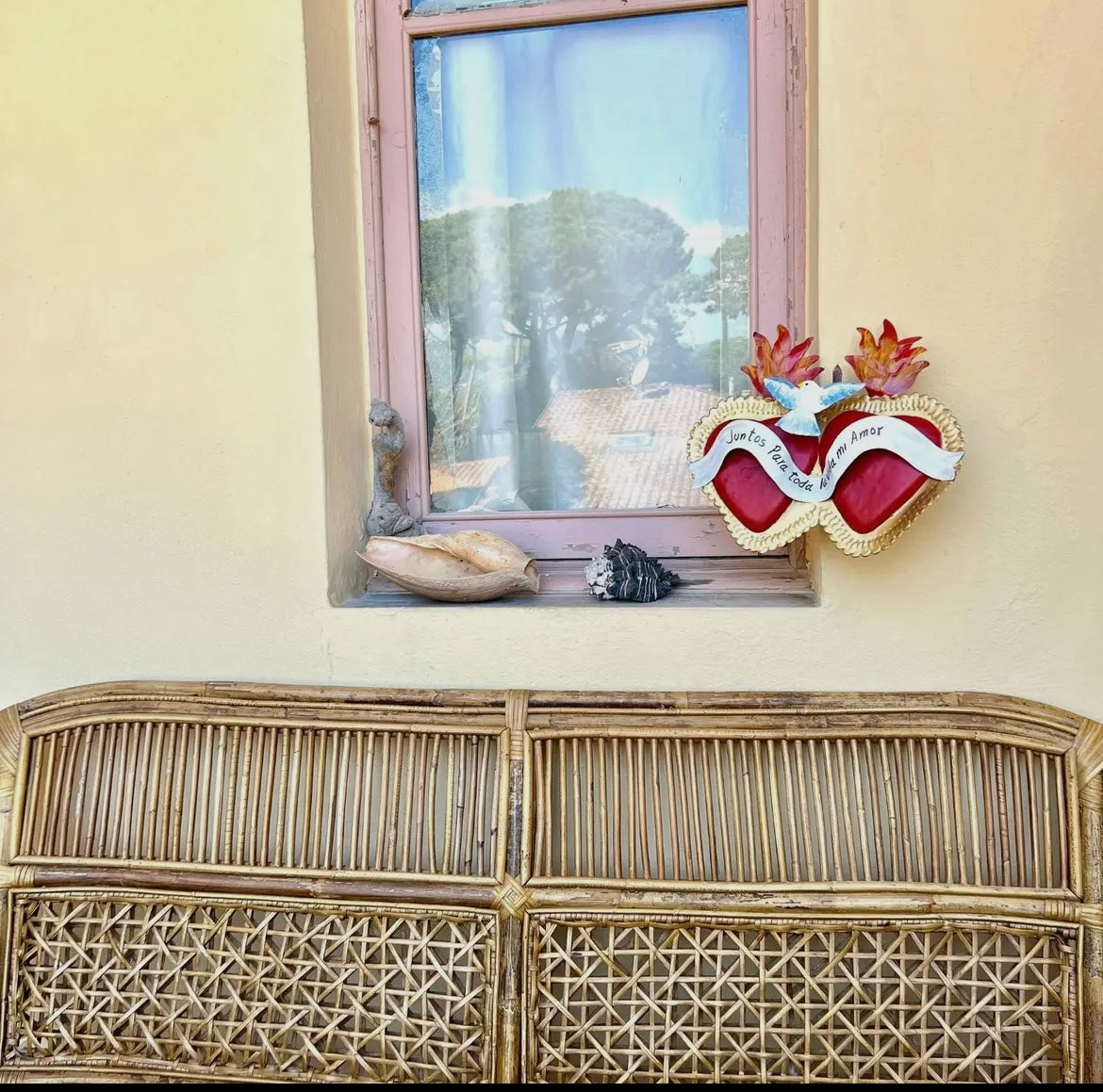 Maxi doppio cuore ex voto artigianale del Messico con colomba