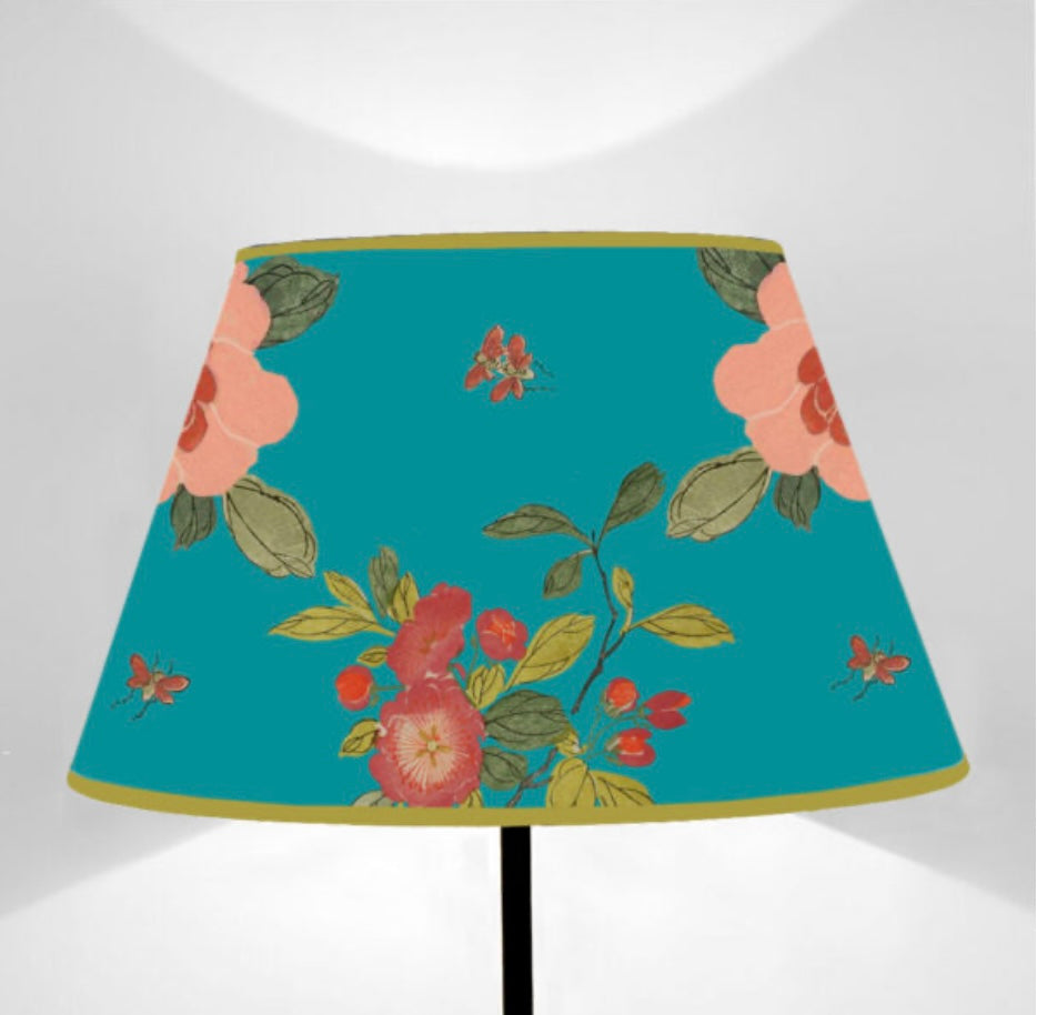Paralume tronco di cono fiori su blu pavone cm 40