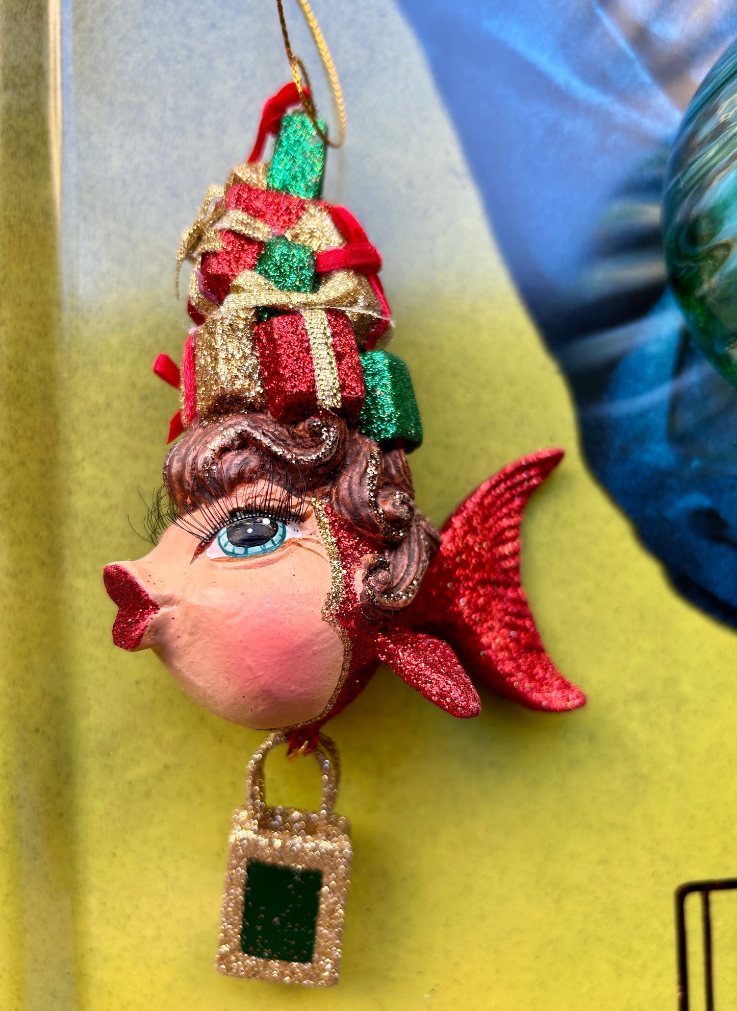 Fish Christmas Tree Ornament with Packages on Head Red Tail Goodwill