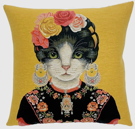 Housse de coussin chat Frida Khalo