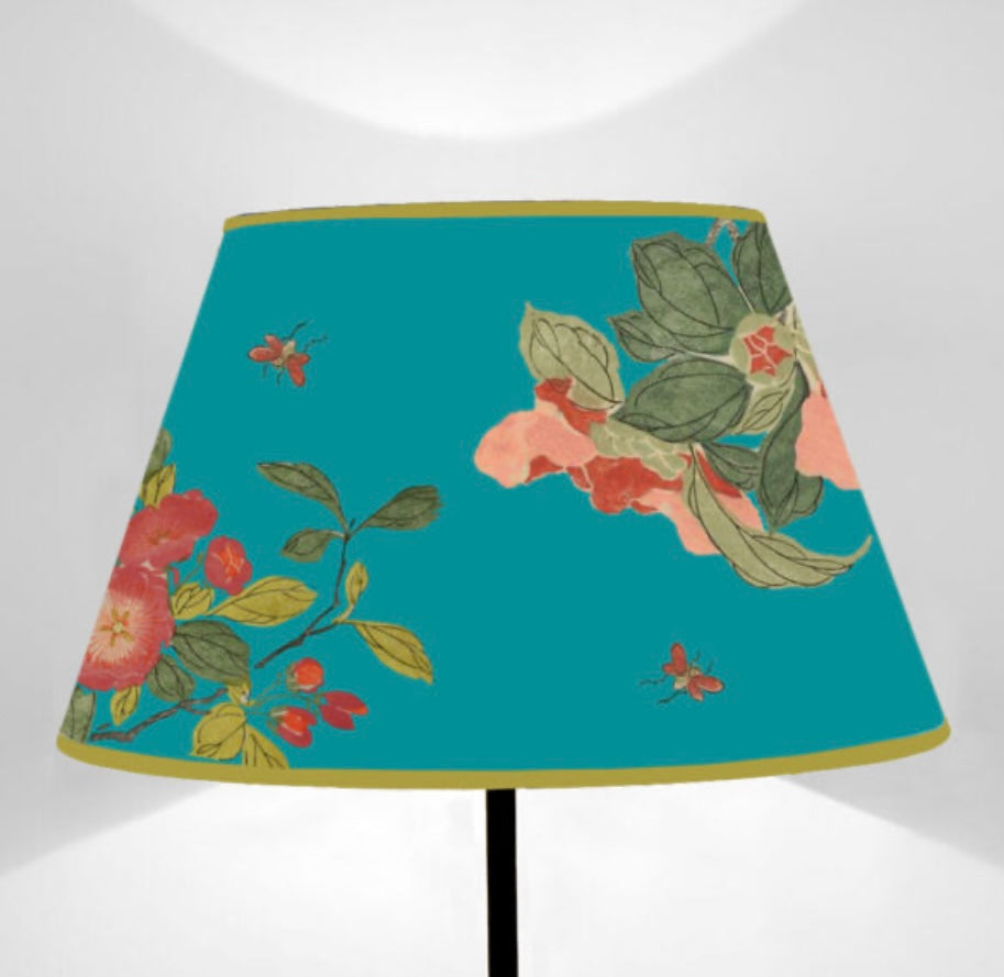 Paralume tronco di cono fiori su blu pavone cm 40