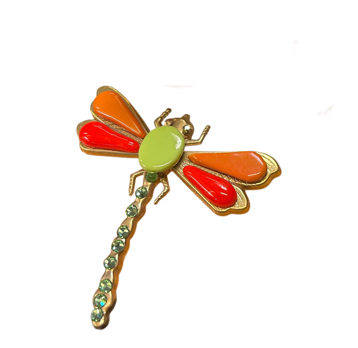 Spilla libellula arancio e verde Vetrofuso Daniela Poletti