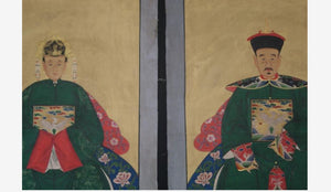 Coppia di ritratti dí dignitari cinesi vestiti verdi 150 x 75 cm