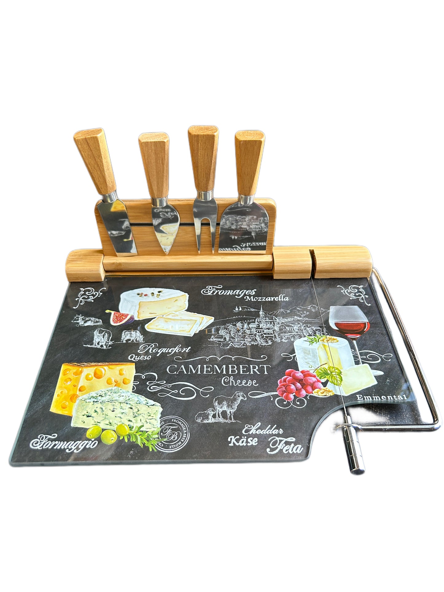 Tagliere formaggio con 4 coltelli formaggio e lira