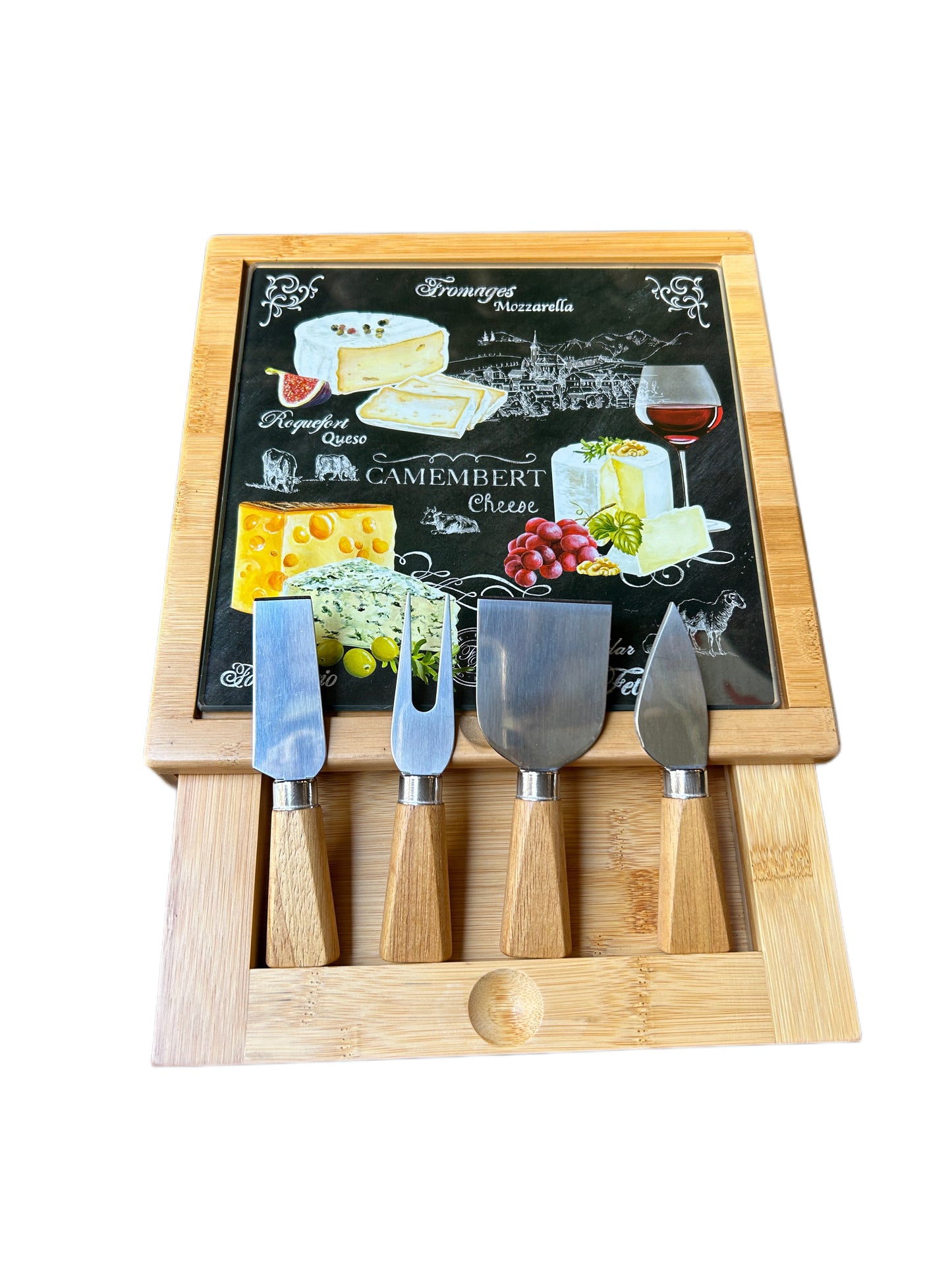 Tagliere formaggi con cassetto e 4 coltelli