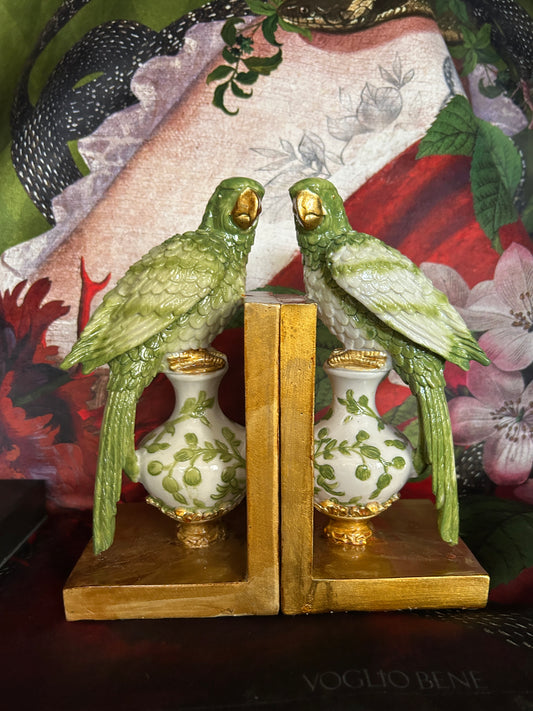 Coppia reggilibro pappagalli verdi