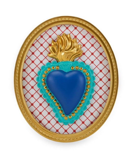 Cuore ex voto con cornice ovale fondo quadretti rossi