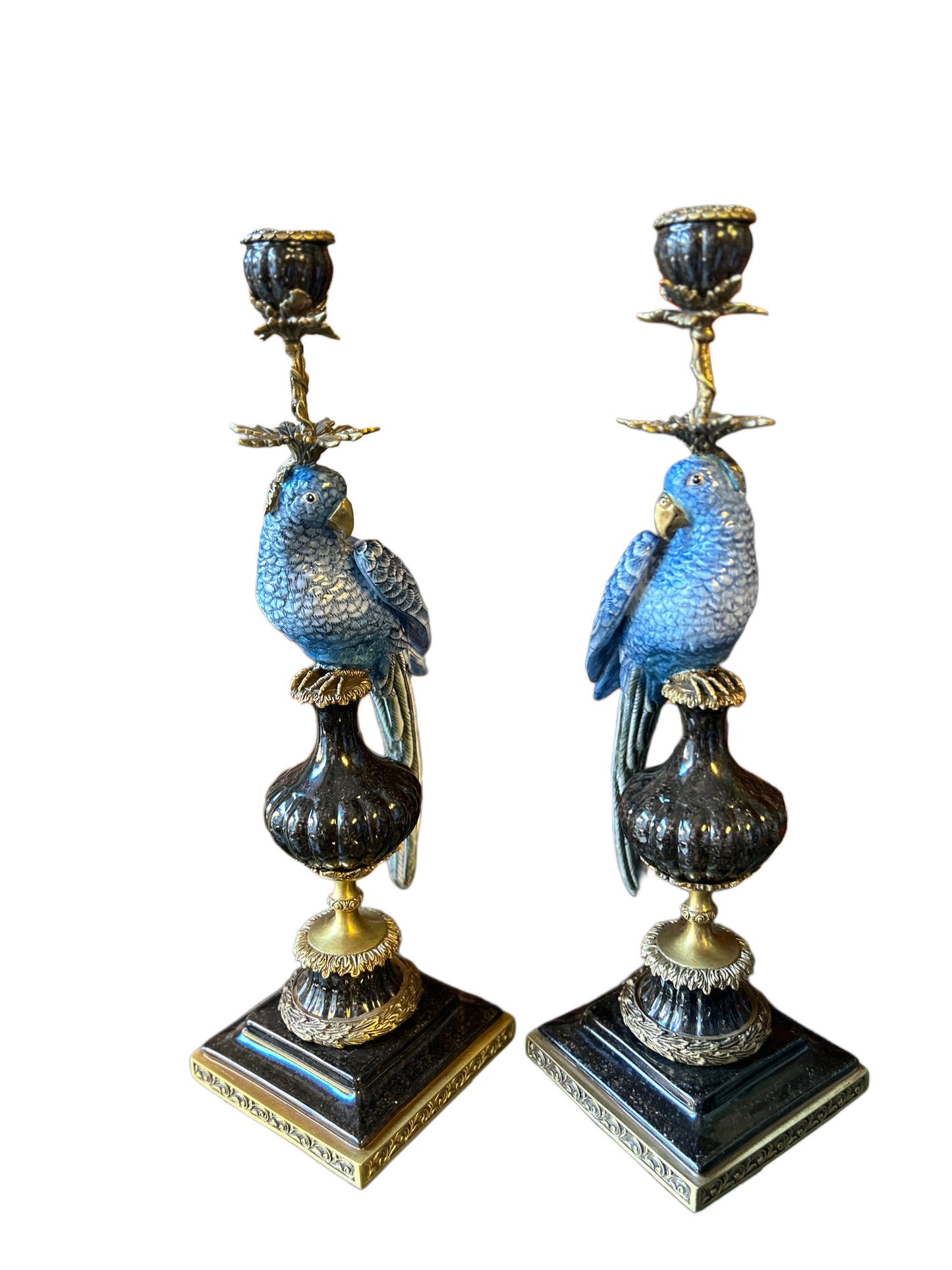 Coppia candelieri pappagalli blu porcellana e bronzo base marmo