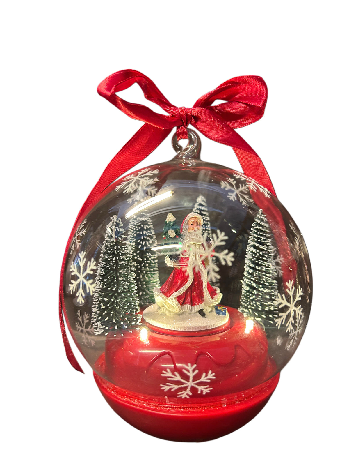 Palla trasparente da appendere con luci e musica con babbo natale