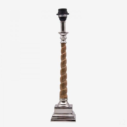 Lampe avec tige en bois torsadé et acier