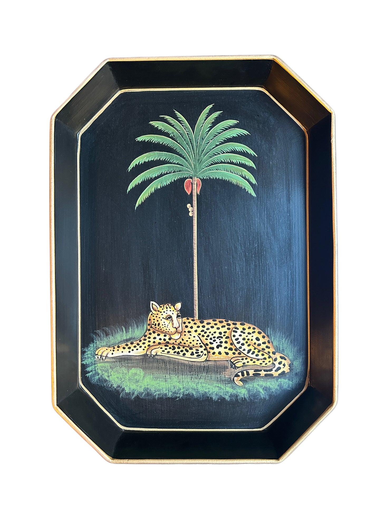 Vassoio in metallo decorato a mano leopardo e palma