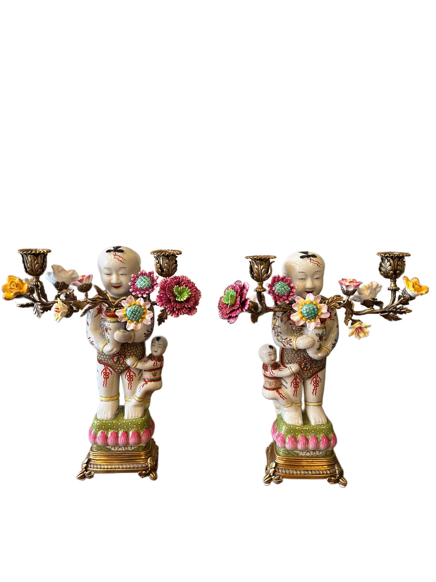 Coppia candelieri cinesini in porcellana e bronzo