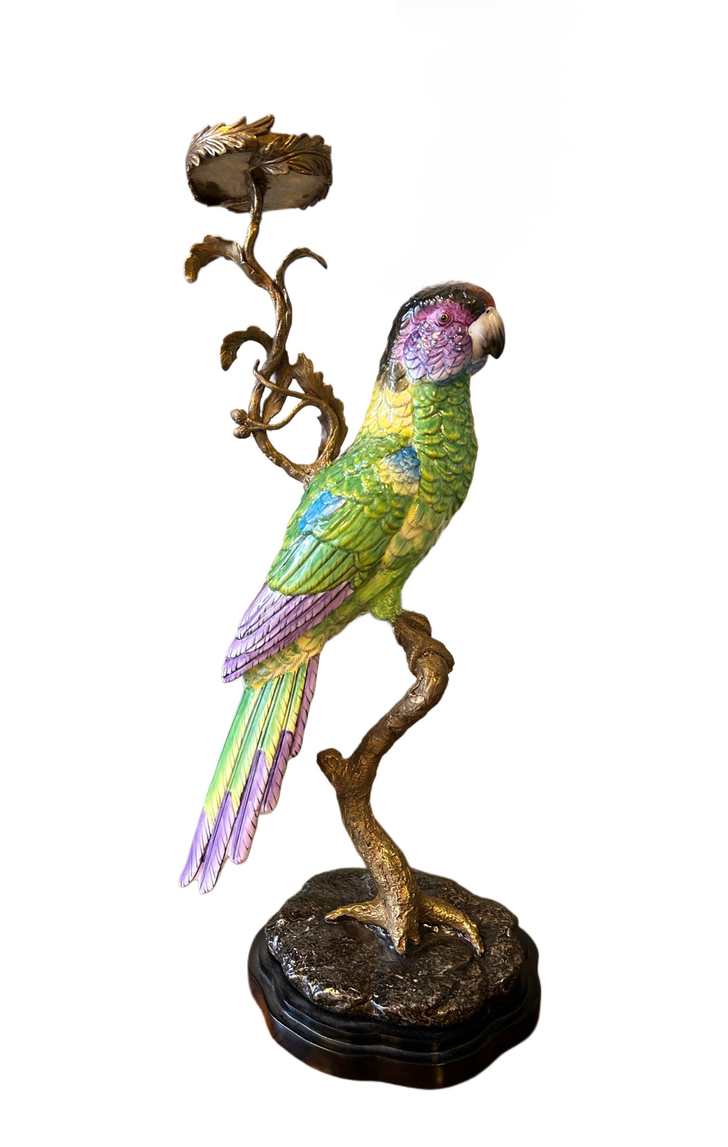 Candeliere pappagallo alto verde azzurro in porcellana e bronzo