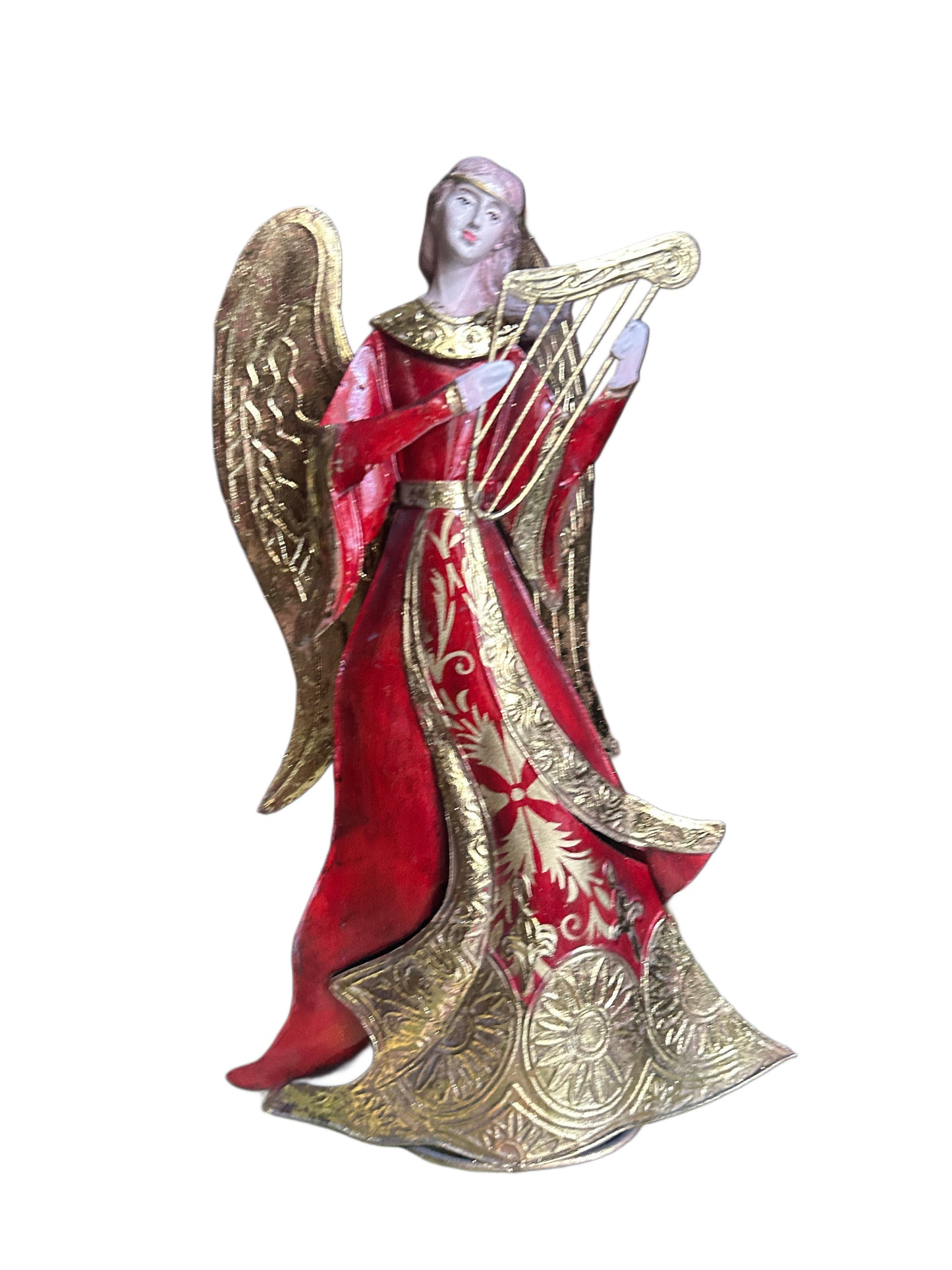 Angelo in metallo colorato con arpa