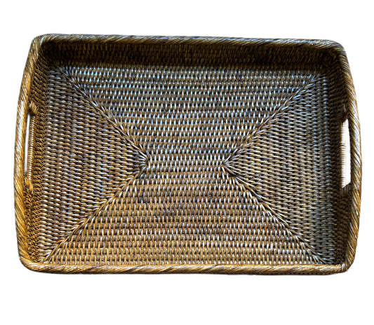 Vassoio rettangolare in rattan con manici