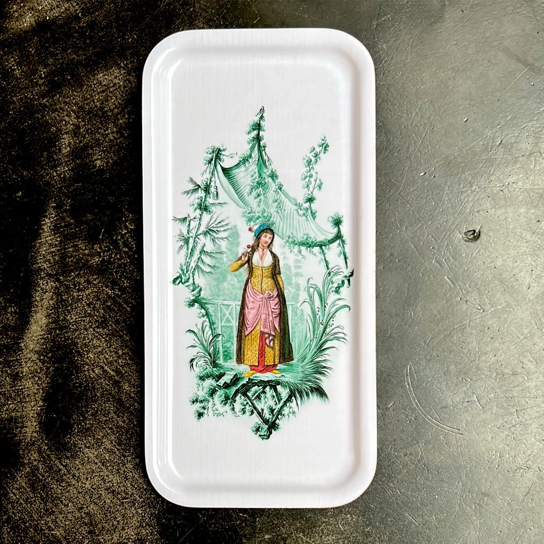 Green wooden tray with Les Ottomans woman