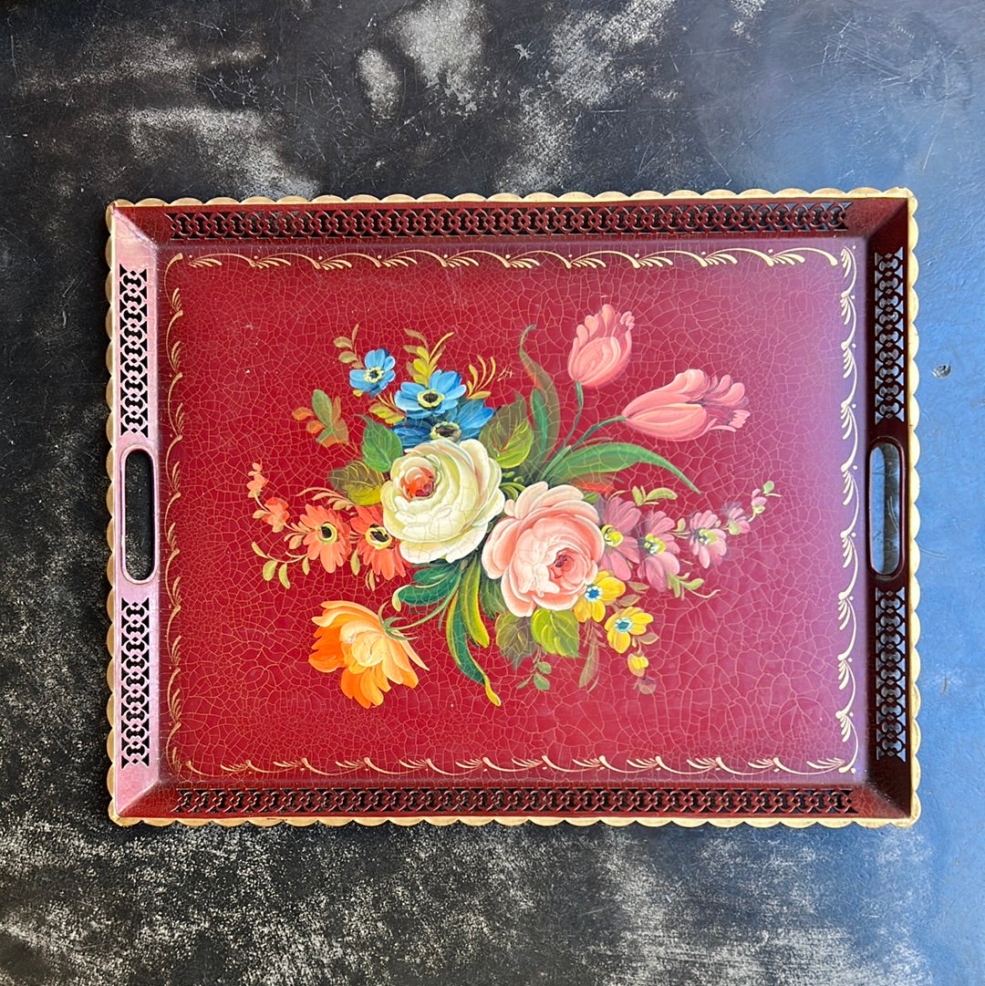 Vassoio in metallo francese decorato a mano inizio 1900