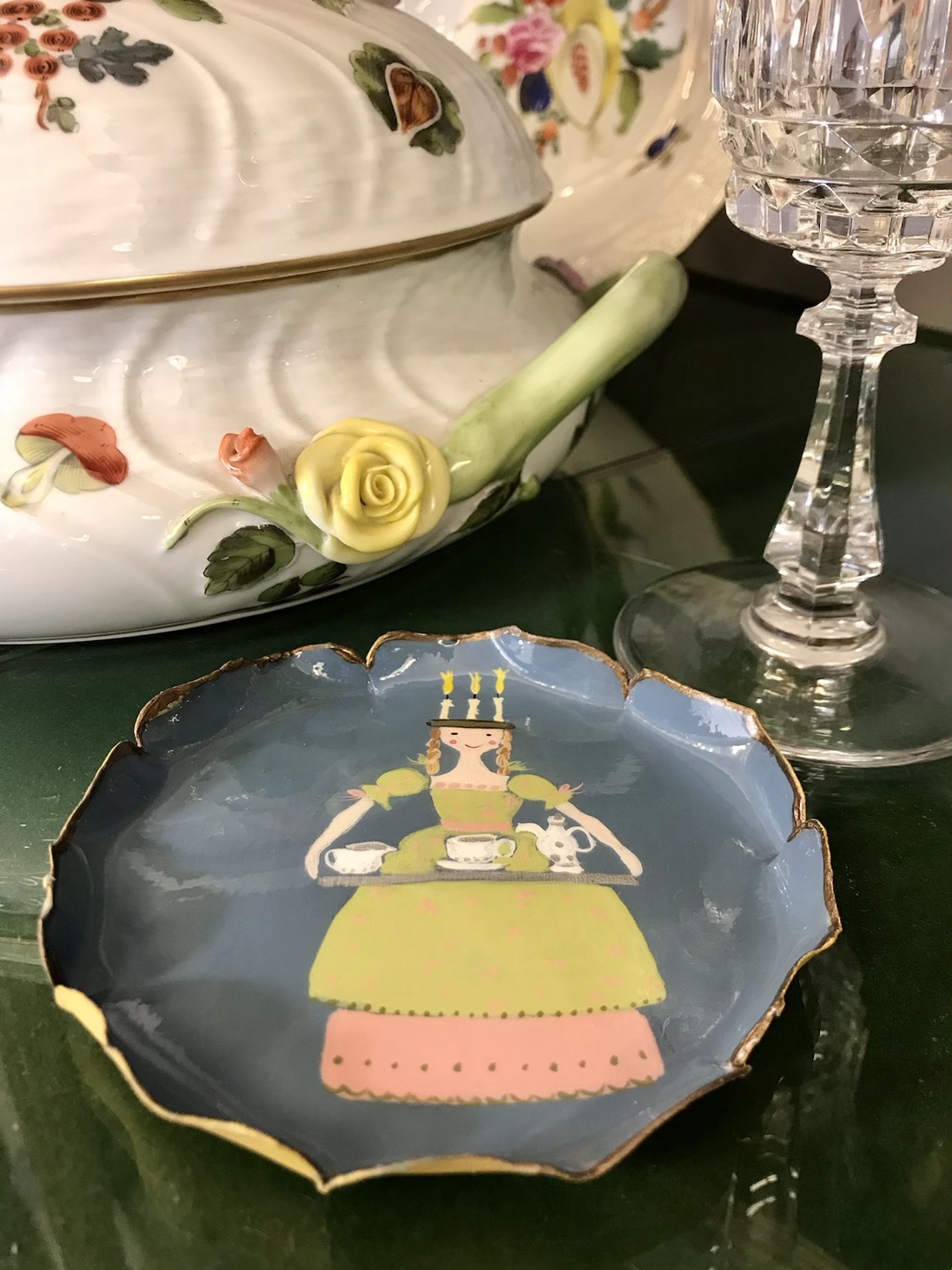 Piattino pane in latta decorato a mano cm 12 Santa Lucia realizzato su commissione