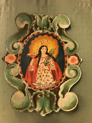 Saint Agatha on hand-decorated metal 37 x 26