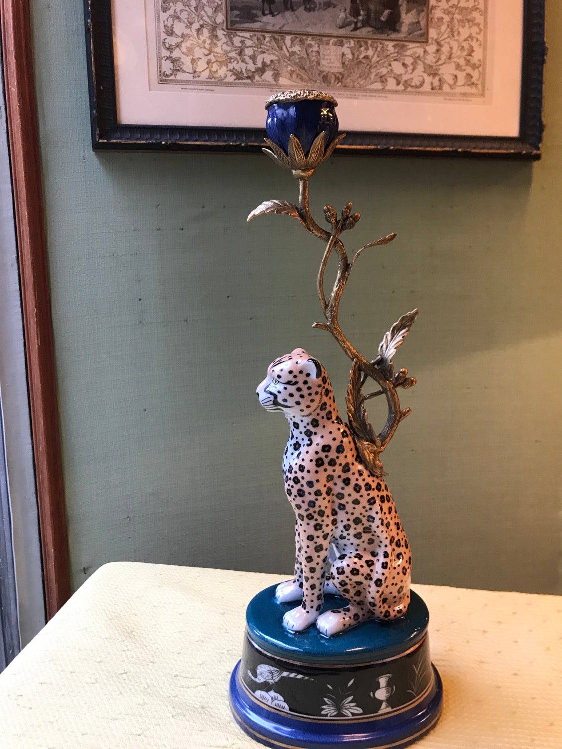 Candeliere Leopardo in ceramica e bronzo cm 40
