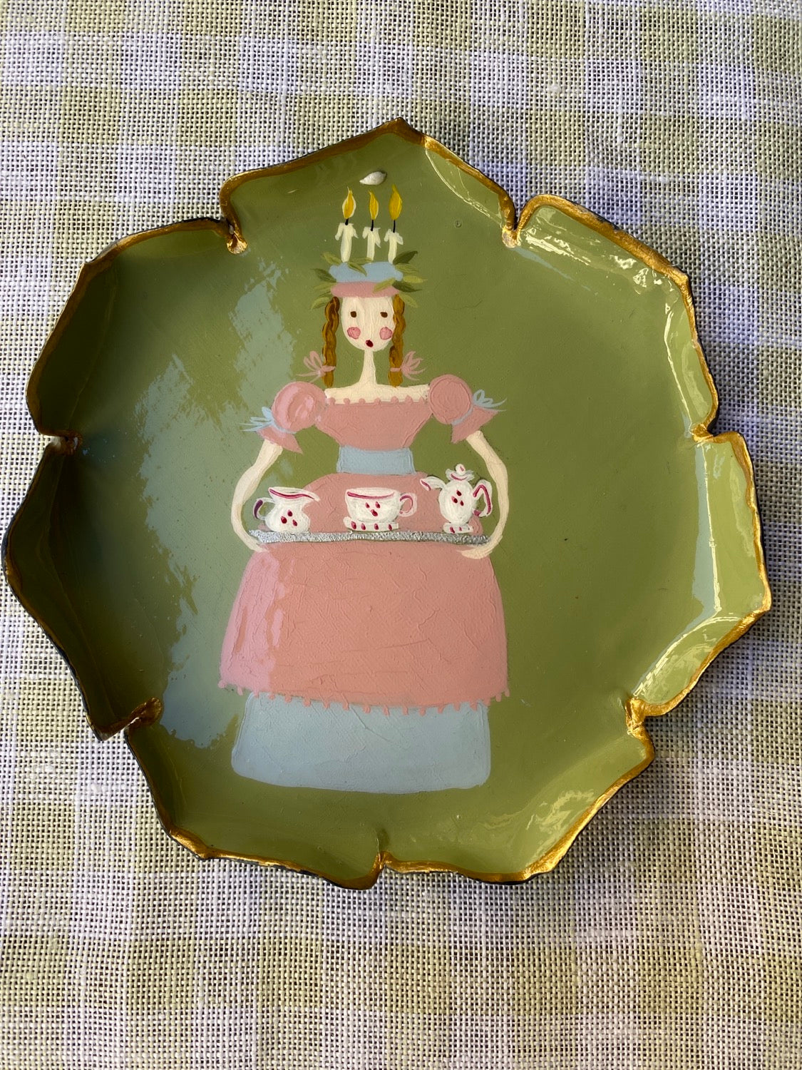 Hand-decorated metal bread plate made to order