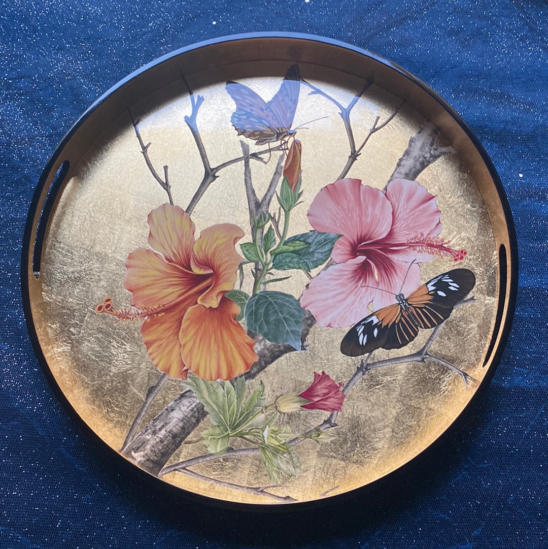 Plateau fleuri rond laqué Les Ottomans