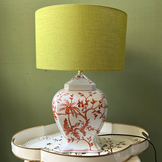 Ceramic lamp with Brittany orange decoration and green cotton lampshade
