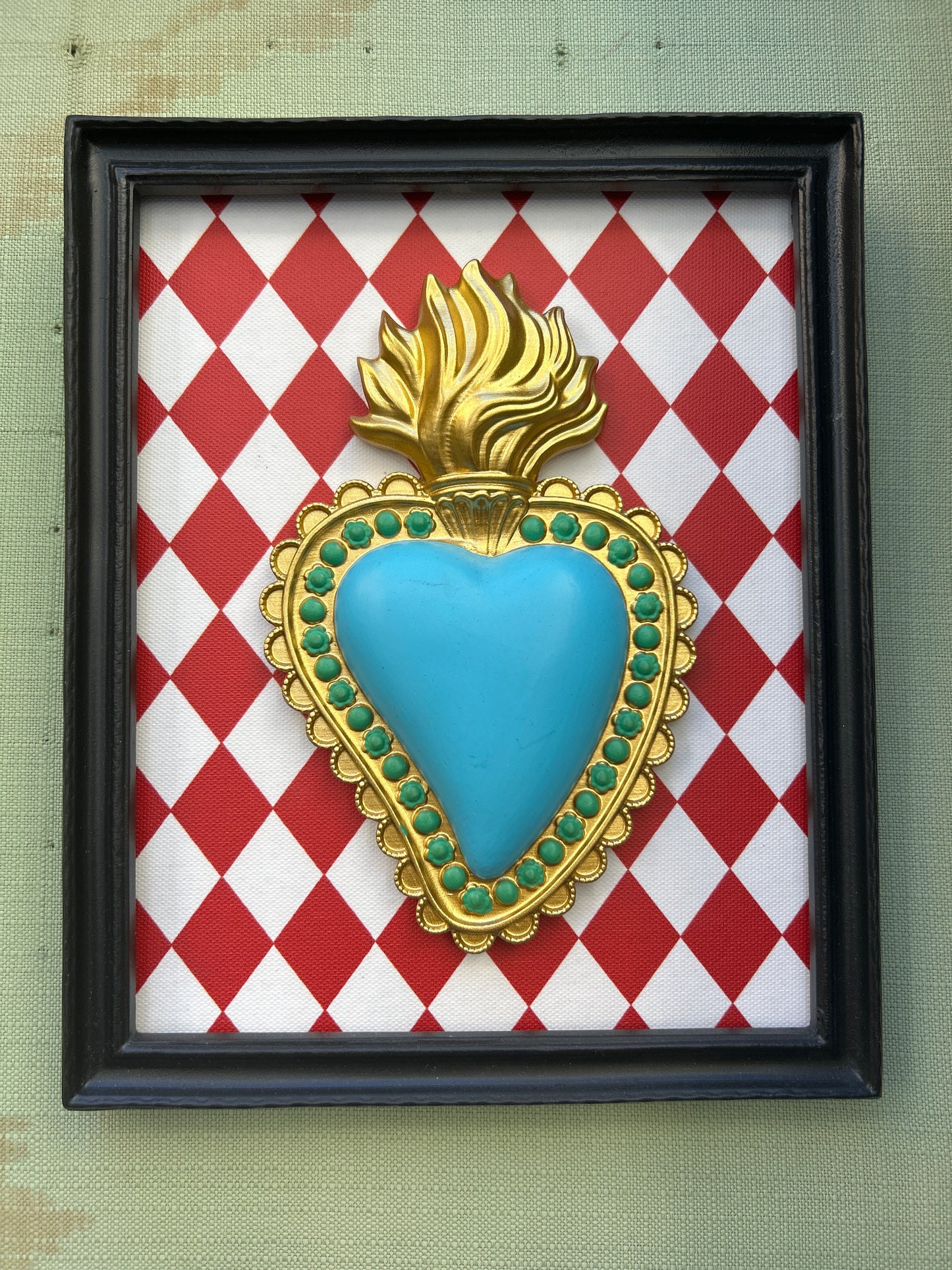 Quadretto cuore azzurro rombi rossi