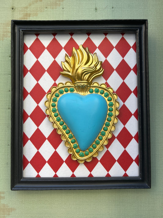 Quadretto cuore azzurro rombi rossi