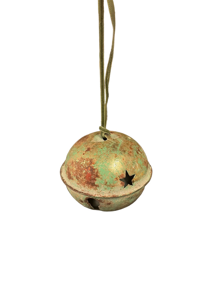 Palla  da appendere  media in metallo verde antocato  jingle bell diam cm 7,4