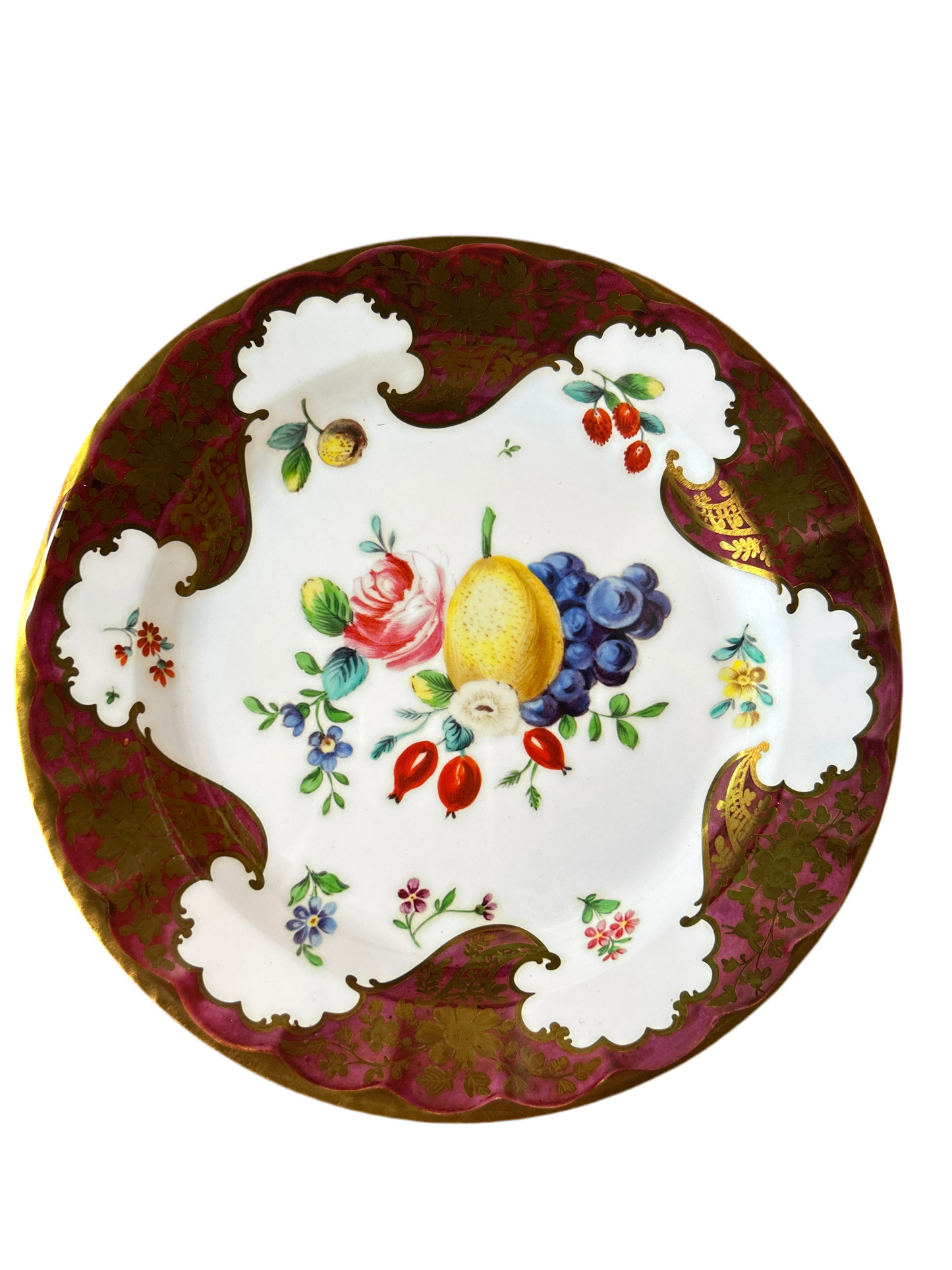 Piatto in latta  riproduzione Worcester porcelain frutta bordeaux oro