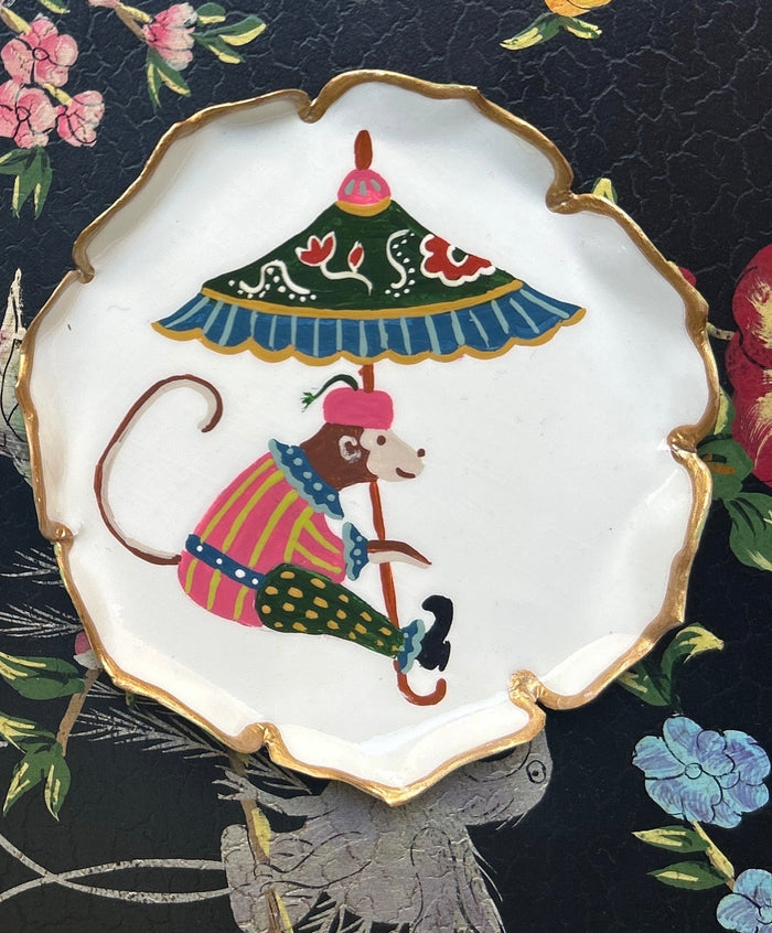 Piattino pane realizzato a mano e decorato artigianalmente scimmietta ombrello conico blu