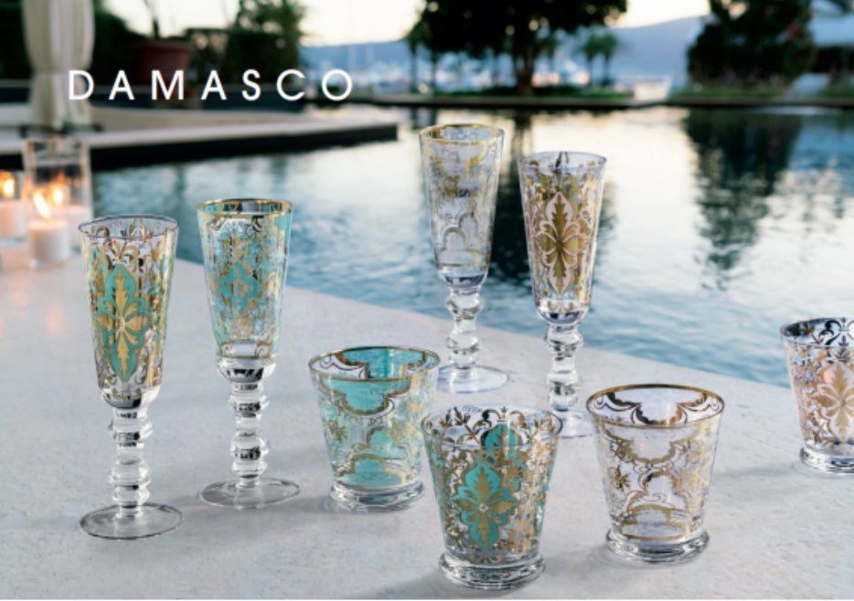 Set of two Damascus aquamarine wine glasses
