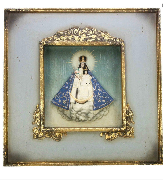 Madonna da appendere su nuvola azzurra legno e metallo