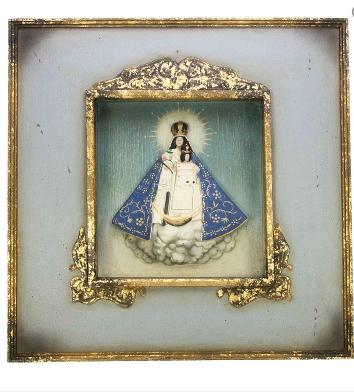 Madonna da appendere su nuvola azzurra legno e metallo